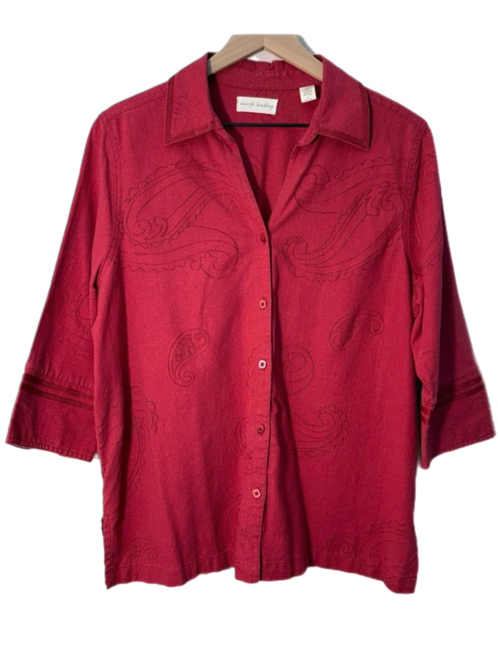 Paisley Linen Blend 3/4 Sleeve Button-Down Shirt Pink L Costal